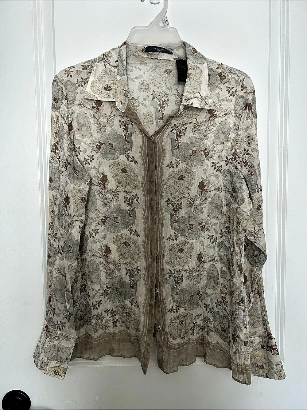 Liz Claiborne Silk Floral Blouse in Cream & Brown Size Large
